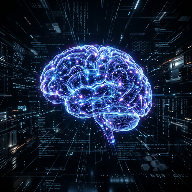 A glowing neural network forming a brain in a dark futuristic cyber space